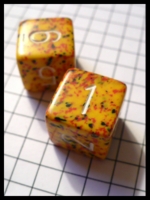 Dice : Dice - 6D - Yellow With Red and Black Speckles and White Numerals